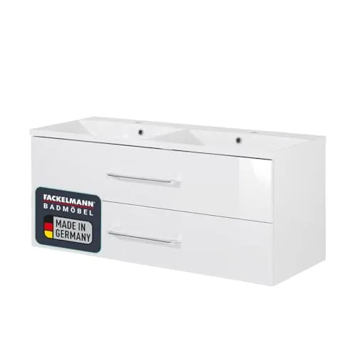 Fackelmann B.CLEVER Badmöbel Set 120 cm - Hochwertiges Badmöbel Set in Weiß mit Hochglanz-Oberfläche, bestehend aus Doppel-Waschtisch und Waschbeckenunterschrank. Ideal für modernes Badezimmerdesign.