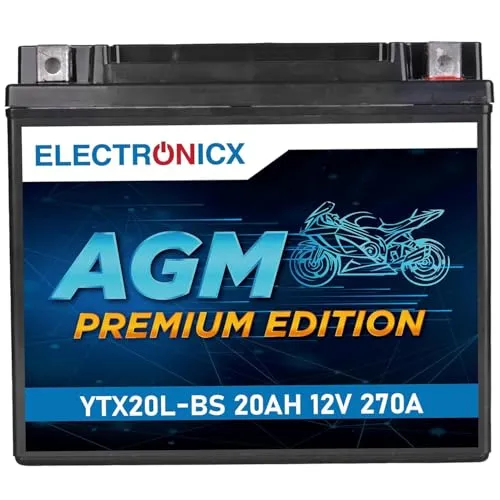 Electronicx YTX20L-BS AGM Motorradbatterie 12V 20Ah 270A - Wartungsfreie, versiegelte, vibrationsfeste, kompakte, starke Starterbatterie - Ideal für Roller, Quad, ATV und Motorrad - sofort einsetzbar.