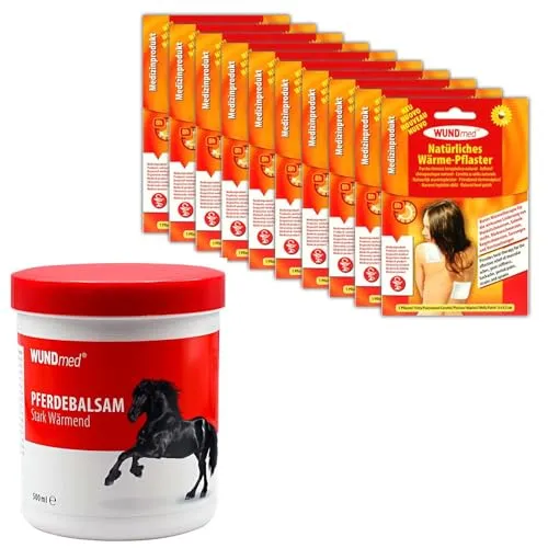 Set 1x Pferdesalbe 500ml & 10 Stück Wärmepflaster 13x9,5 cm Pferdesalbe Wärmepad Rücken Nacken Sportgel Wärmekissen Wärmetherapie Verspannung