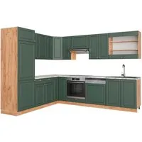 Vicco Winkelküche Fame-Line, Grün-Gold Landhaus - Küchenzeilen mit L-Design, edlem Stil und viel Stauraum, ausgestattet mit Soft-Close-Scharniere und hochwertigen MDF-Fronten für Langlebigkeit.