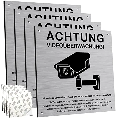 Schild Videoüberwachung Privatgrundstück mit DSGVO Hinweis, 4 Stücke, 15x15cm, Achtung VideoüBerwachung Schild, für ÜBerwachungskamera Oder Kamera Attrappe Innen AußEn(Aluminiumverbund)