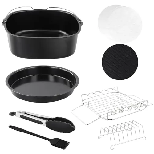 Samlonge Heißluftfritteuse Zubehör 8-teiliges Set, BPA-frei Quadrat Airfryer Zubehör mit Airfryer Backpapier für 5,5L 6L 6,2L 6,5L Air Fryer