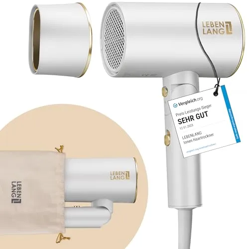 LEBENLANG Föhn Haartrockner Ionen 2100W – Klappbarer Reisehaartrockner mit Anti-Spliss-Funktion - Kompakter Haartrockner mit 2100W Leistung für schnelles Trocknen und glänzendes Haar. Inklusive Reisebeutel und Kaltluftmodus für perfektes Styling unterwegs. Ideal für alle Haartypen.