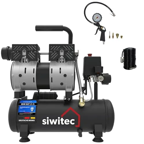 siwitec Flüsterkompressor SK-550 inkl. 5 m Druckluftschlauch und Reifenfüller mit 4 Adaptern | Kompressor mit 550 W, 6 L Kessel, max. Druck 8 bar, 56 dB, 106 l/min Ansaugleistung | ölfrei