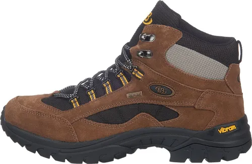Brütting Unisex Chimney Rock Trekking- & Wanderstiefel - Wanderschuhe mit stabiler und rutschfester Vibram-Laufsohle, ideal für Outdoor-Abenteuer in Braun, Schwarz und Gelb.