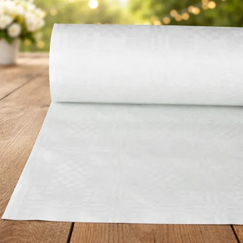 Papiertischtuch mit Damastprägung 100 m x 1 m - Elegantes Papiertischtuch mit Damastprägung in Weiß, ideal für festliche Anlässe. Praktische 100 m Rolle mit Aufreißperforation für einfache Handhabung.