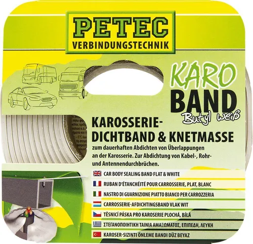Petec Dichtband Karo-Band 87530 - Karosseriedichtband aus Butyl, flach und weiß, ideal für eine zuverlässige Abdichtung in Bau- und Renovierungsprojekten.