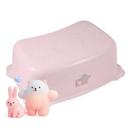 Hylat Baby Kinder Tritthocker – Stabiler Toilettenhocker - Fußhocker – Gummiert & Leicht – Hocker für Kinder ab 3 Jahren bis 40 kg - Rosa mit Friends-Motiv