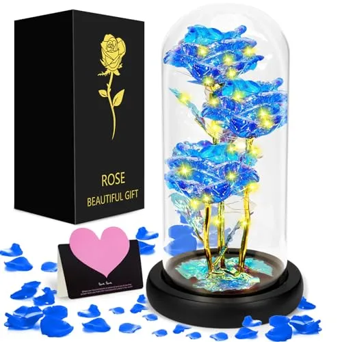 Produktbild GUHAOOL Ewige Rose, Die Schöne und das Biest Ewige Rose, Rose Geschenk Kit, Glaskuppel, Holzsockel, LED Ewige Rose Geschenke für Mama, Damen, Weihnachten, Hochzeit, Jahrestag, Muttertag