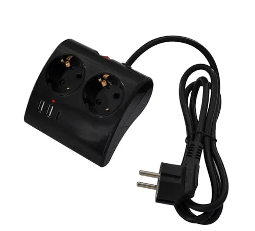 Ewent Tischsteckdose mit 2 Schuko-Steckdosen und 2 USB-Anschlüssen - Schutzkontaktstecker mit Überlastschutz, ergonomischem Design und 1,5 m Kabel – ideal für den modernen Arbeitsplatz.