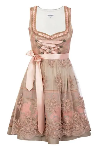 Edelnice Trachtenmode Mini Dirndl Rosalie mit Spitzenschürze - Exquisites Dirndl für Damen, gefertigt aus goldenem Brokatstoff mit rosé Rosenmuster, inklusive handgefertigtem Charivari und glamouröser Spitzenschürze.