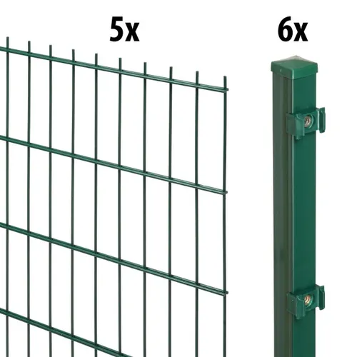 GARDEN 'N' MORE Doppelstabmattenzaun Standard, 10 m - Gartenzäune aus robustem Stahl, ideal für Sicherheit und Sichtschutz, inklusive 6 Pfosten in grün, langlebig und wetterbeständig.