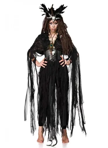 Mask Paradise XS-L Voodoo Witch Kostüm - Mystisches Voodoo Witch Kostümset für Erwachsene, inklusive bodenlangem Fetzencape und Federkrone mit Totenkopf – ideal für Halloween oder Kostümpartys.