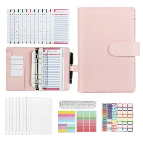 Budget Binder A6,Budget Planner,Finanzplaner,Mit 12 Budgetblättern und 8 transparenten Reißverschlusstaschen, geeignet zur Aufbewahrung von Bargeld, Briefmarken, Gutscheinen usw(Rosa)