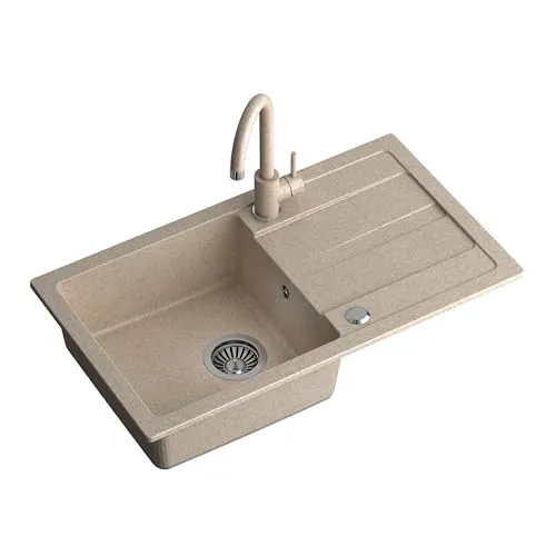 QUADRON Spülbecken Spüle Küche Granit | Größe 77 x 44 x 17,6 cm Beige | GO MAX Granitspüle Einzelbecken-Spüle | Einbauspüle mit Küchenarmatur | Einbeckenspüle Küchenspüle