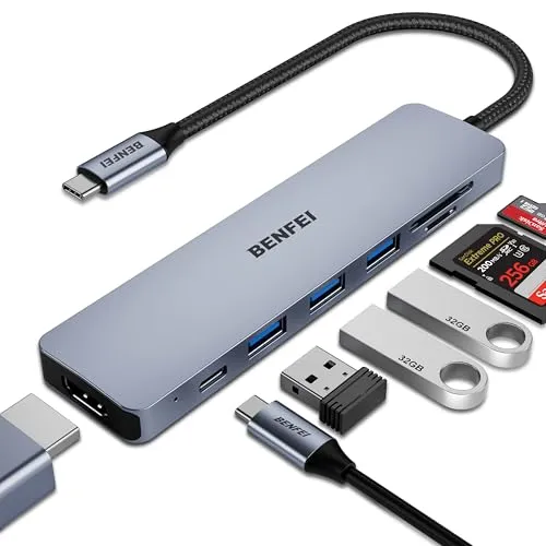 BENFEI USB C HUB 7in1,USB-C HUB Multiport Adapter mit HDMI(4K@60Hz Zertifiziert)/100W Power Delivery/3*USB 3.0 5Gbps/SD/TF Card Reader(160MB/s) für iPhone 15 Pro/Max MacBook iPad Pro iMac S23 XPS17