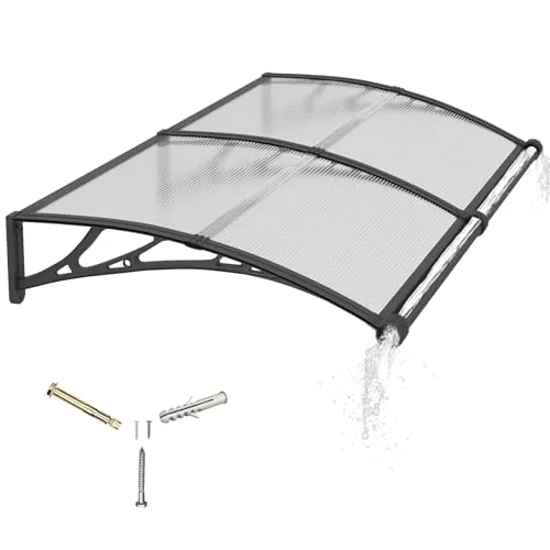 Vordach für Haustür, 200x100cm Fenstervordach mit separater Entwässerung, Polycarbonat Pultvordach Überdachung für UV-, Regen- und Schneeschutz – Ideal für Veranda