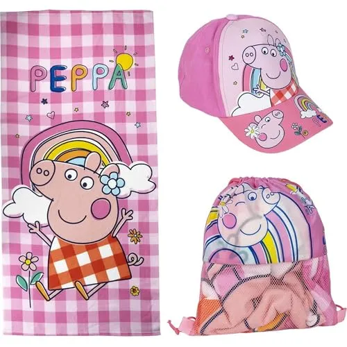 CERDÁ LIFE'S LITTLE MOMENTS Peppa Wutz Kinder-Set, Rosa, inklusive Stoffbeutel, Handtuch und Mütze, Motiv Peppa Wutz, ideal für den Sommer, Originalprodukt, entworfen in Spanien