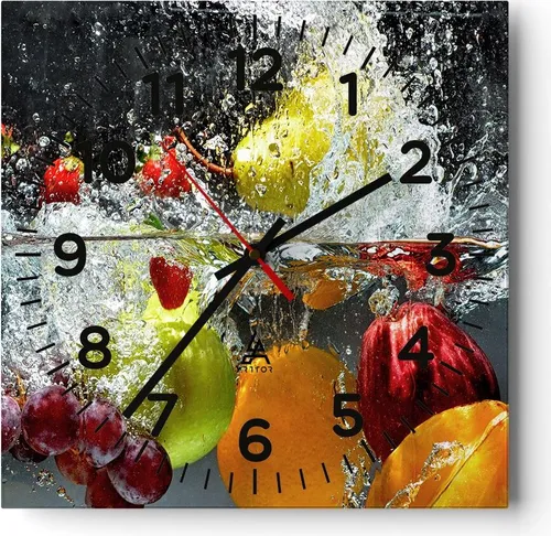 Wanduhr - Quadrat - Glasuhr - Früchte Wasser Spritzer Essen - 30x30cm - Schleichendes Uhrwerk - Lautlos - zum Aufhängen bereit - Dekoration Modern - Wanddekoration aus Glas - C4AC30x30-2972