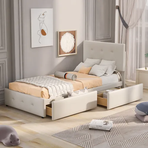 Beige Polsterbett mit 2 Schubladen und höhenverstellbarem Kopfteil, 90x200 cm - Stylisches Polsterbett in beige mit höhenverstellbarem Kopfteil und praktischen Schubladen für zusätzlichen Stauraum. Ideal für kleine Räume und einfach zu montieren.