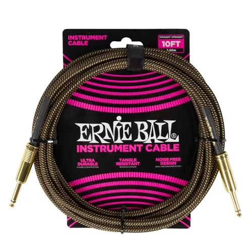Ernie Ball Geflochtenes Instrumentenkabel, gerade/gerade, 3 m, Goldfarben (Pay Dirt) (P06428).