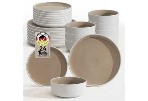Hausfelder Geschirr-Set Steingut Geschirrset 24teilig, Shadow Stone (24-tlg), 8 Personen, Steinzeug, spülmaschinen- & mikrowellengeeignet, Reaktivglasur