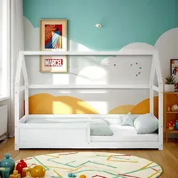 Homestyle4u Kinderbett Weiß Hausbett mit Rausfallschutz 90x200 cm - Skandinavisches Kinderzimmermöbel, das Sicherheit und Stil vereint. Das bodentiefe Hausbett ermöglicht selbstständiges Ein- und Aussteigen und bietet durch den geschlossenen Rausfallschutz ein sicheres Schlafumfeld.
