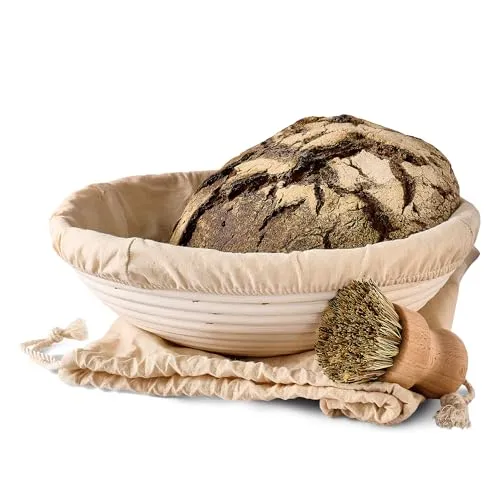 Praknu Gärkorb zum Brotbacken - Aus nachhaltigem Rattan - Rund - Set inkl. Bürste, Leineneinlage & Brotbeutel - Geruchsneutral