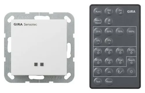 Gira 236603 Sensotec System 55 Reinweiß - Bewegungsmelder - Smart Home Bewegungsmelder mit IR-Fernbedienung, erfasst Bewegungen temperaturunabhängig und dimmt die Beleuchtung je nach Umgebungshelligkeit. Ideal für effiziente Raumbeleuchtung.