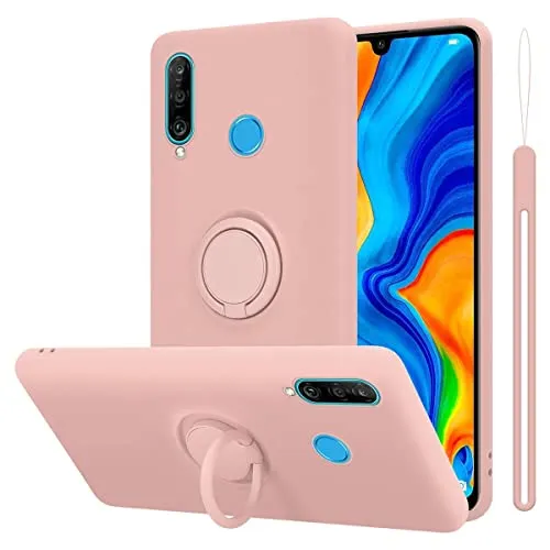 Cadorabo Hülle kompatibel mit Huawei P30 LITE Schutzhülle TPU Silikon Case Liquid Design mit Ring Slim Kratzfest Liquidsilikon Microfaser mit Rundumschutz Case Hülle für Huawei P30 LITE in Rosa
