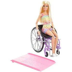 Barbie Fashionista-Puppe mit Rollstuhl und Regenbogen-Jumpsuit - Puppen, inklusive Rollstuhl und Rampe für grenzenlosen Spielspaß. Mit 22 Bewegungspunkten und trendigem Outfit fördert die Puppe Kreativität und Fantasie.