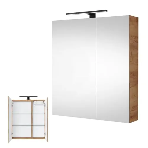 Planetmöbel Spiegelschrank mit LED Beleuchtung 60cm Gold Eiche - Spiegelschrank fürs Bad mit eleganter LED-Beleuchtung, geräuschloser Soft-Close-Funktion und viel Stauraum für Ihre Badezimmerutensilien.