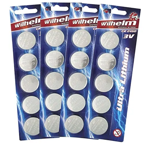 CR2450 Wilhelm Lithium Knopfzelle 3V 600mAh - Zuverlässige Lithium Knopfzelle für vielseitige Anwendungen. Lange Lagerbeständigkeit von bis zu 5 Jahren und hohe Kapazität von 600 mAh. Ideal für Fotogeräte, Uhren und mehr.