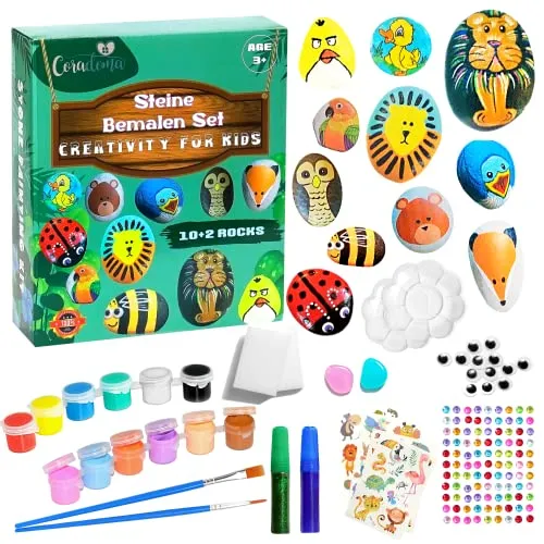 Steine zum Bemalen DIY Set mit 10+2 Steine | Bastelset Kinder ab 6 Jahre Junge und Mädchen Geschenke 7 Jahre Kindergeburtstag | Rock Paint Kit mit Aufkleber und Pinsel Stifte für Kreatives Malen