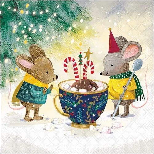 Servietten Marshmallow Festivity - Mäuse mit Tasse voller Süßigkeiten 33x33cm 20