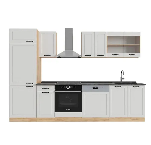 Vicco Küchenzeile R-Line, Weiß Landhaus/Goldkraft Eiche, 300 cm - Moderne Küchenzeile in Weiß und Goldkraft Eiche, mit höhenverstellbaren Füßen für ergonomisches Kochen. Ideal für individuelle Raumgestaltungen und gemütliche Kochmomente.