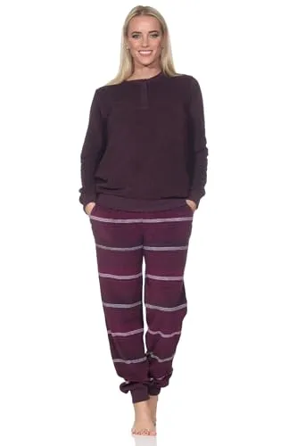Normann Damen Frottee Schlafanzug lang mit Bündchen - Hose gestreift in Beere, Größe 56-58 - Kuscheliger Frottee Schlafanzug für kalte Nächte, mit eleganter Streifenoptik. Die Bündchen sorgen für optimalen Tragekomfort und verhindern Verrutschen. Auch in Übergrößen erhältlich, ideal für entspannte Nächte.