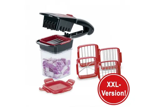 Genius Gemüseschneider Nicer Dicer Quick XXL, 7-tlg., rot-schwarz - Gemüseschneider mit extra-scharfen Edelstahl-Klingen, 60% größerer Auffangbehälter, ideal für schnelles und präzises Schneiden von Obst und Gemüse – jetzt in praktischem Handformat!