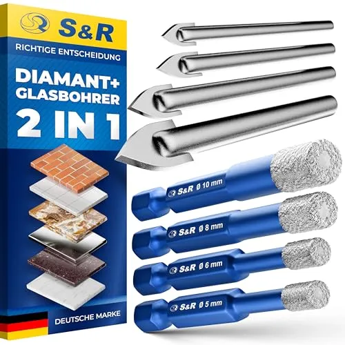 S&R Diamantbohrer Set 8-tlg – Präzise Bohrer für harte Materialien - Fliesen- & Glasbohrer Set mit 4 Diamant- und 4 Hartmetallbohrern, ideal für exakte Bohrungen in Keramik, Granit, Glas und Marmor. Robuste Halterung für optimale Organisation.