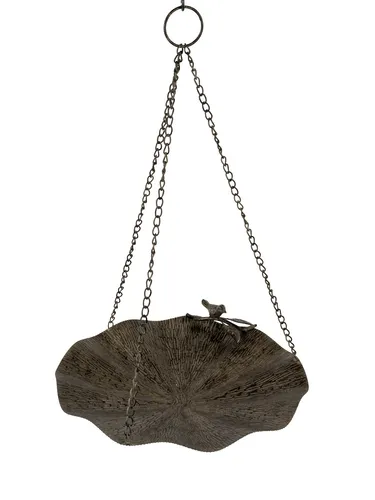 Hängende Vogeltränke mit Deko - 38x60cm aus Metall - Vogeltränke und Futterstelle aus antikbraunem Metall, ideal für Garten und Terrasse. Schafft eine einladende Umgebung für Vögel und verschönert Ihren Außenbereich.