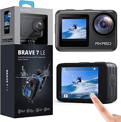 AKASO Brave 7 LE Action Cam 4K, 20MP - Actionkamera mit IPX7 Wasserschutz, ideal für Unterwasserabenteuer bis 40m. Doppeldisplay und EIS 2.0 für stabile Aufnahmen, perfekt für Vlogging und Sport.