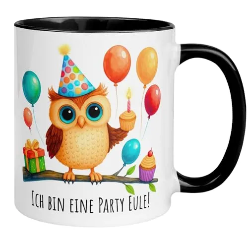 Tasse Eule | Ich bin eine Party Eule | Lustige Eulen Tasse mit Motiv | Eulen Geschenk für Eulenliebhaber | Party Becher für Geburtstage und Feiern