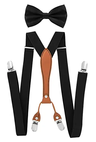 axy Herren Hosenträger mit Fliege im 2er Set Breit 2,5 cm X-Form und 4 Starken Clips PU25 (Schwarz)