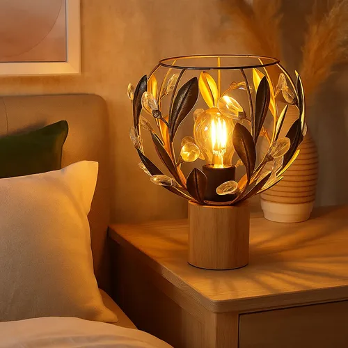 LED Tischlampe mit Kristallen - goldfarben, Holz & Acryl, 4W, warmweiß - Tischleuchte aus Holz und Metall in elegantem Design, ideal für Wohnzimmer oder Nachttisch. Mit 320 Lumen sorgt sie für warmes Licht und schafft eine gemütliche Atmosphäre.
