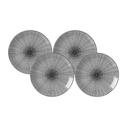 Ritzenhoff & Breker Takeo Stripes Dessertteller 4er Set - Elegante Schwarz-Weiß-Optik - Kombiservices: 4er Set Dessertteller ø 21,5 cm aus hochwertigem Porzellan, spülmaschinengeeignet und ideal für stilvolle Anlässe mit einem modernen skandinavischen Touch.