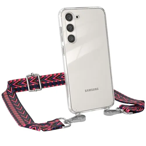 EAZY CASE Handykette - Verstellbarer Trageriemen kompatibel mit Samsung Galaxy S23 Plus, Schulterriemen, Handykordel mit Case, DIY Gürteltasche mit Hülle, Pink/Blau - Metallstücke Silber