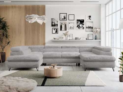 PETER U Wohnzimmersofa U-form mit Schlaffunktion und Bettkasten - Modernes Ecksofa in Aschgrau, bietet Schlaffunktion, zwei Bettkästen und verstellbare Kopfstützen für optimalen Komfort und Stauraum.