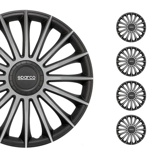Sparco Torino 15-Zoll Radkappen in Schwarz/Silber - Rost- und korrosionsbeständig, einfache Installation und maximale Haftung des Retentionsrings, passend für alle Fahrzeuge mit 15-Zoll Rädern.