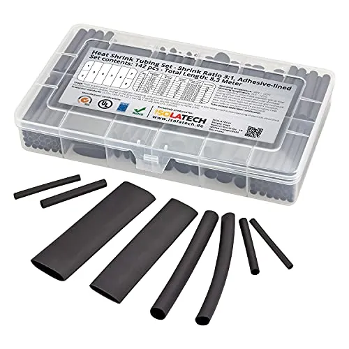 142-tlg. 3:1 mit Kleber Schwarz Schrumpfschlauch Set unbeschriftet. Set Gesamtlänge von 8,3m in praktischen Box. Heißkleberschicht auf der Innenseite wasserdicht ISOLATECH