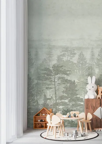 Vliestapete Kinder Wald Hirsch Nebel Bäume Natur Grün Grau in grün von A.S. Création